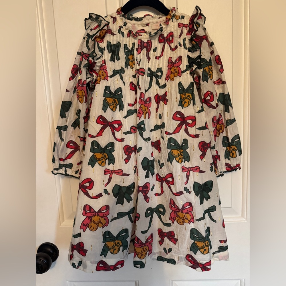 Pink Chicken Girls Bow-Print Dress in White, Red, Green & Gold